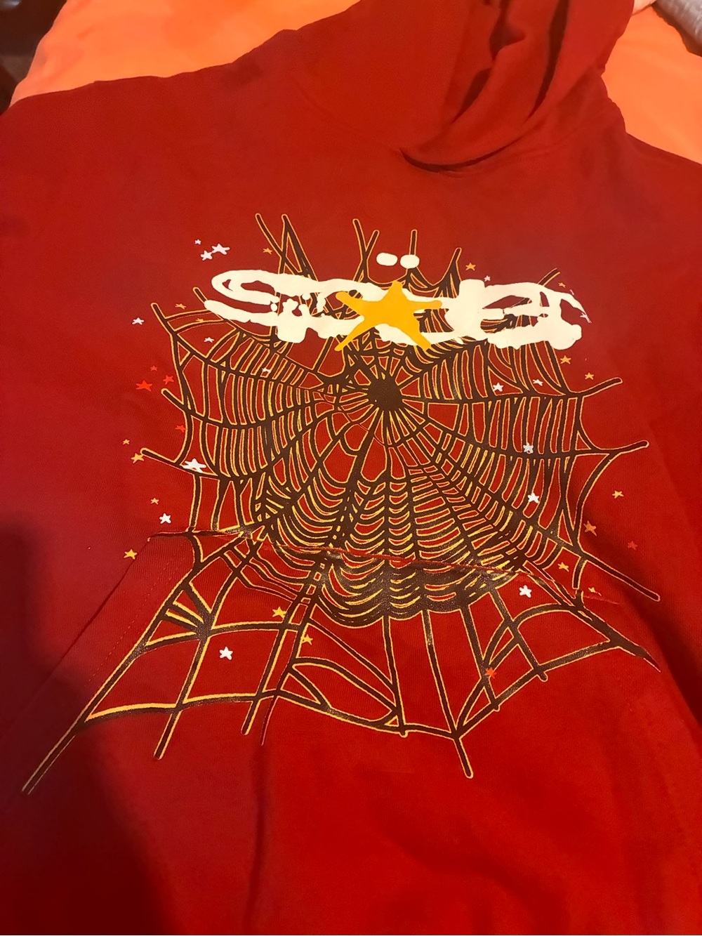 Spyder Red Hooded Sweatshirt with Gold and White Spiderweb Graphic